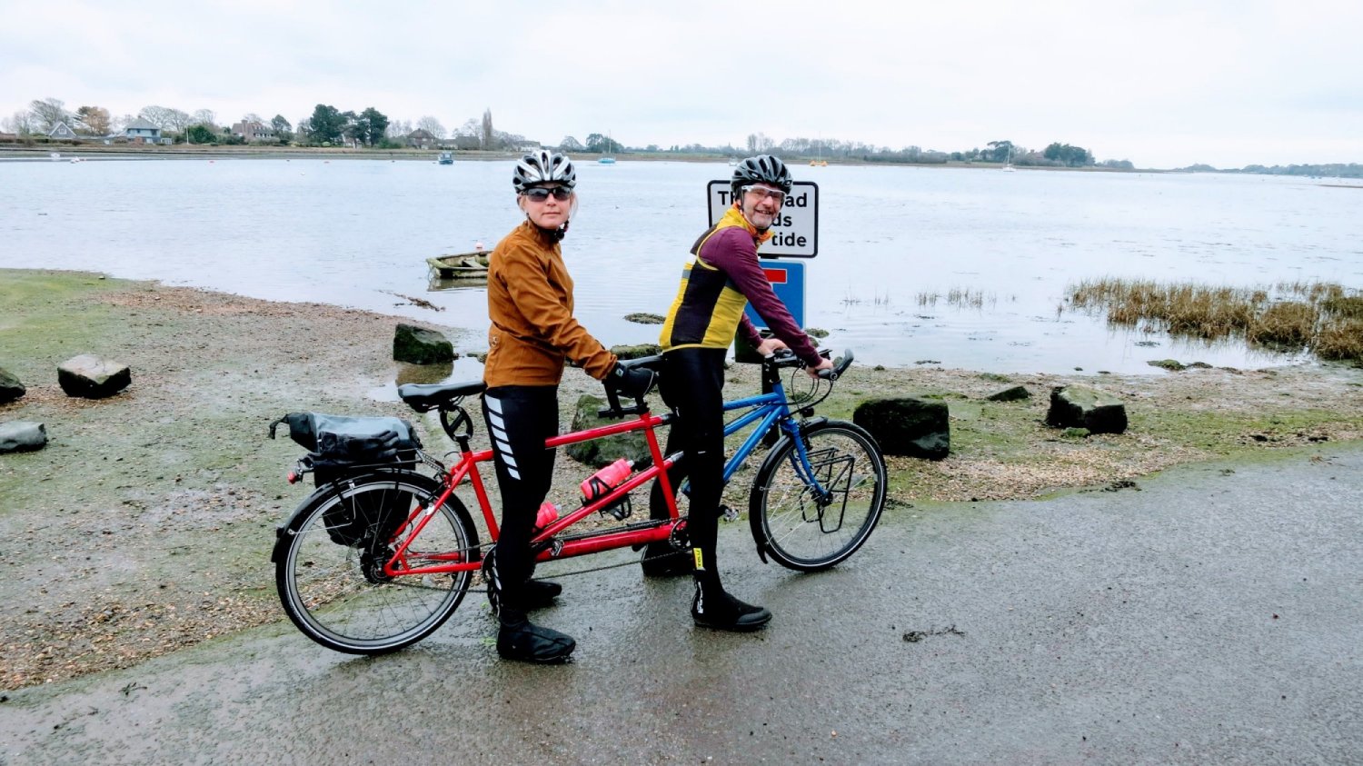 Paul and Wendy at a wet and windy Bosham Harbour